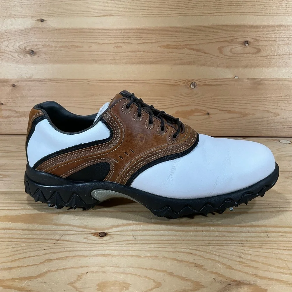 FootJoy Contour Series Saddle Golf Shoes
# 54024
Men’s 8.5 M
White Brown Black - Picture 2 of 9